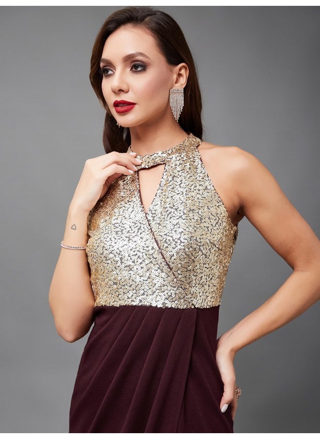 Miss Chase - Miss Chase Women's Halter Neck Sleeveless Solid Embellished Midi Dress with Pocket (MCSS24D97-16-184-05, Wine, L) - Image 1