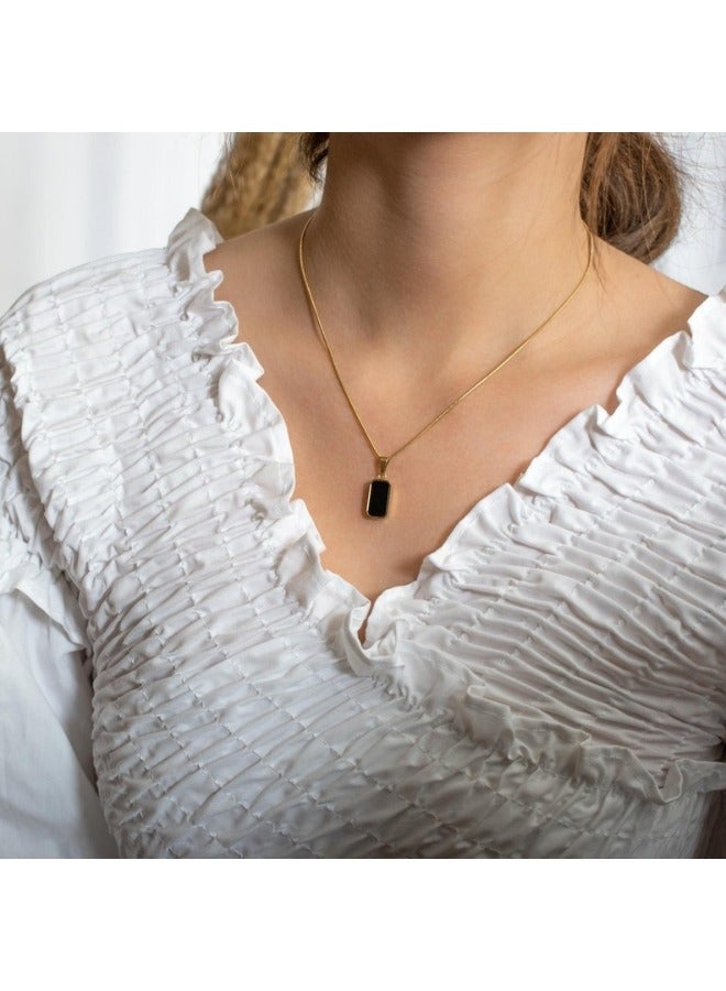 Women's Black and White Double Faceted Stone Pendant Necklace Made of Stainless Steel - Image 3