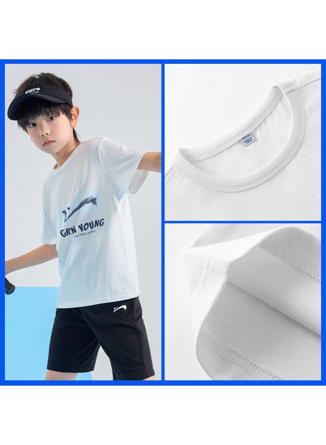 Noble bird Guess Kids Boys' Short Sleeve T-shirt Summer Big Boys Half Sleeve Children's Sports White Top Boys Summer Clothing - Image 1