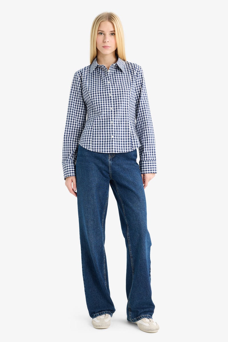 DeFacto Blue Woman Slim Fit Shirt Collar Poplin Long Sleeve Shirt Casual - Image 2