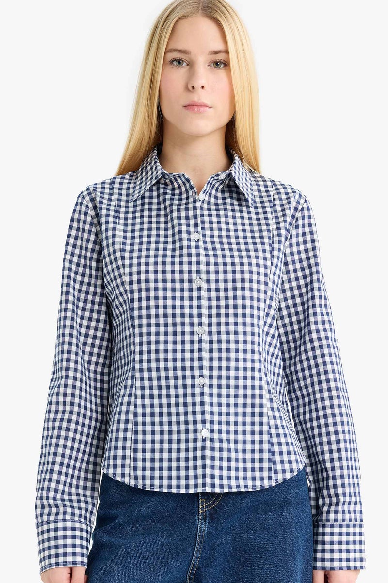 DeFacto Blue Woman Slim Fit Shirt Collar Poplin Long Sleeve Shirt Casual - Image 1