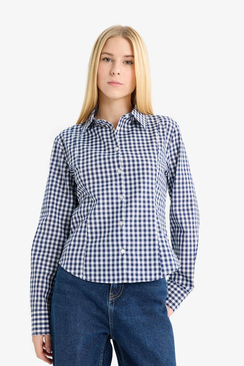 DeFacto Blue Woman Slim Fit Shirt Collar Poplin Long Sleeve Shirt Casual - Image 4