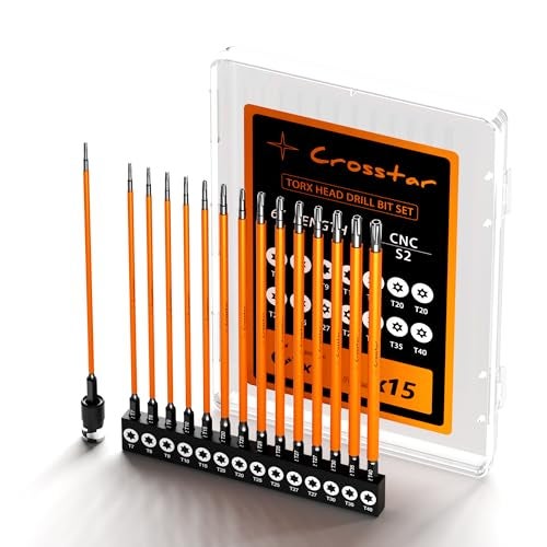 Crosstar 6" Impact Long Torx Bit Set 15pc (TT7-TT40) S2 Steel Security Tamper Proof Star Bits, 1/4" Hex-Shank Magnetic Holder & Storage Box w/Magnetizer - Image 1