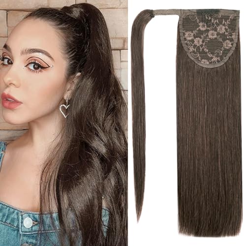 FAAAL 14 inch Ponytail Extension Human Hair 70g #2 Dark Brown 100% Remy Human Hair Ponytail Long Straight Wrap Around Ponytail Clip in Hair Extensions One Piece Hairpiece for Women - Image 1