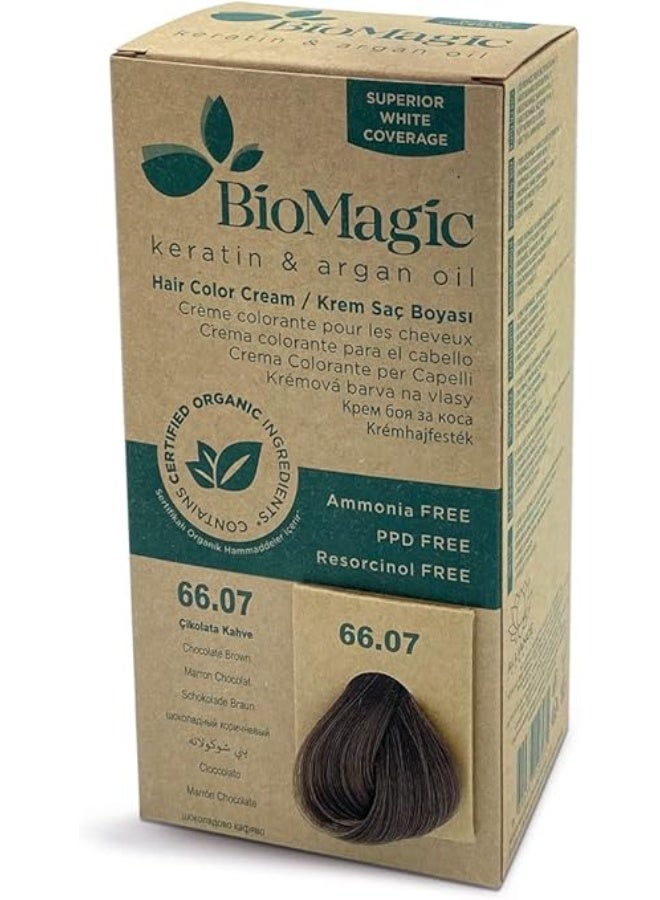 BioMagic Hair Color Cream 66/07 Chocolate Brown, Keratin & Argan Oil, Contains Organic Ingredients. NO Ammonia, NO Resorcinol & NO PPD - Image 1