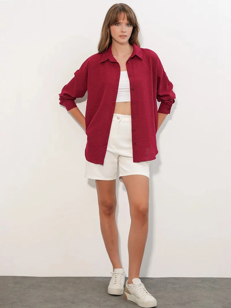Big Dart Burgundy Red BDART Embroidered Long Sleeve Shirt with Button Closure for Women | Best Price UAE