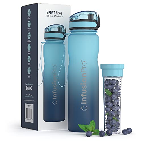 Infusion Pro 32 oz Fruit Infuser Water Bottle with Time Marker - Flip Top Locking Lid, Insulated Sleeve & 50 Recipe Fruit Infusion Water eBook : Leak Proof : for Gym, Sports, Travel : Unique Gift Idea - Image 1