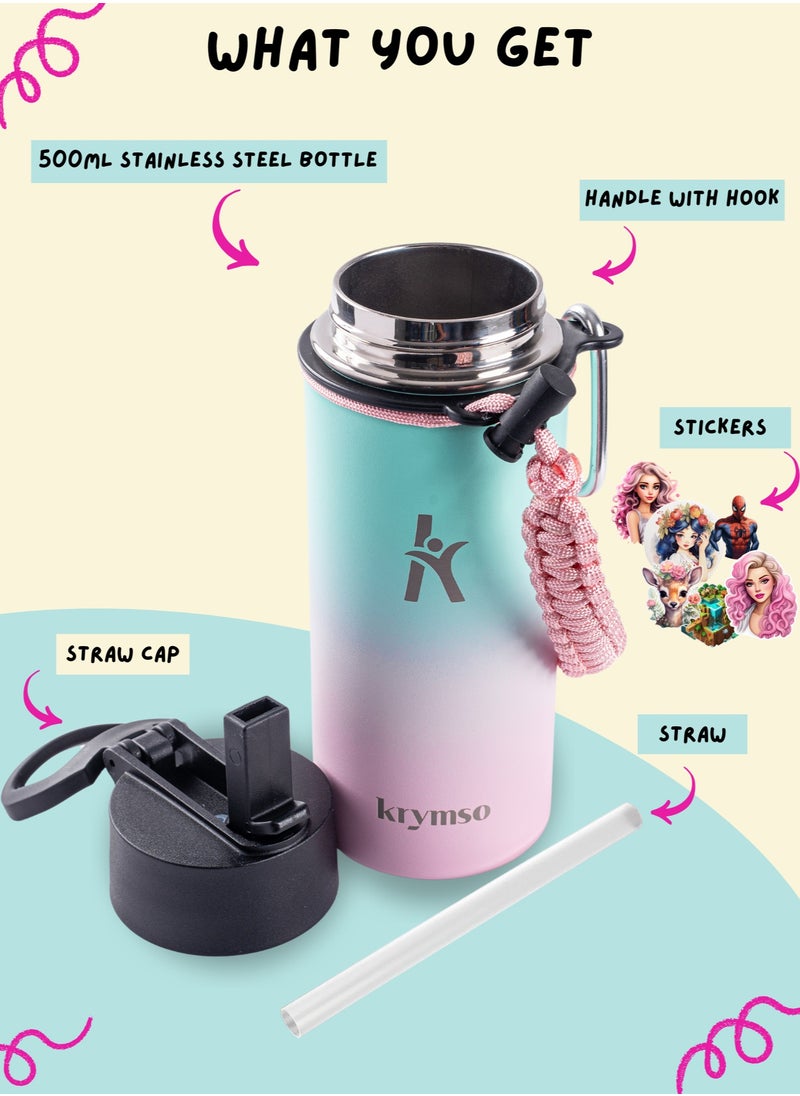 KRYMSO KRYMSO, 500ml Water Bottle, Stainless Steel Water Bottle, Water Bottle for Kids Water Bottle with Straw, Thermos, Insulated Water Bottle, Water 500ml with Ai Stickers  - Image 2