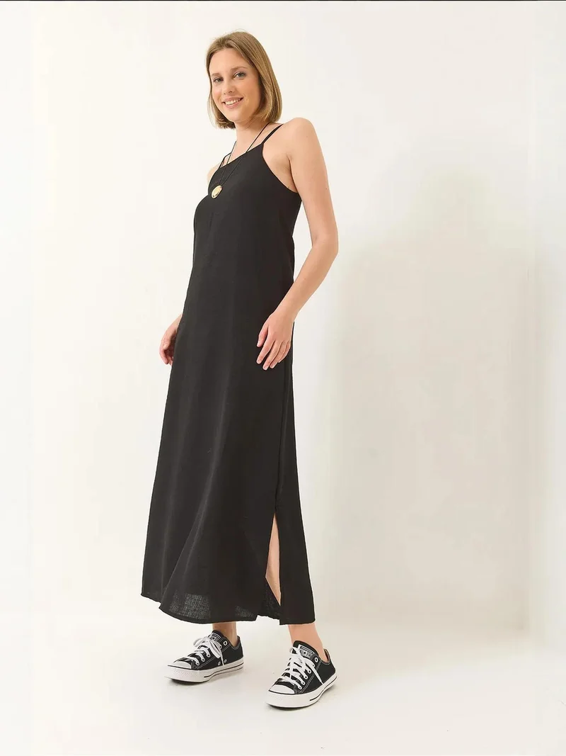 Bianco Lucci Black Thin Strap Maxi Dress with Side Slit for Women | Best Price UAE