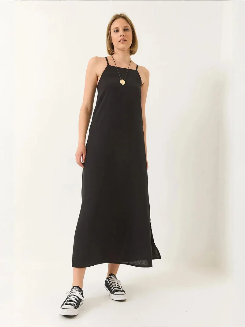Bianco Lucci Black Thin Strap Maxi Dress with Side Slit for Women | Best Price UAE