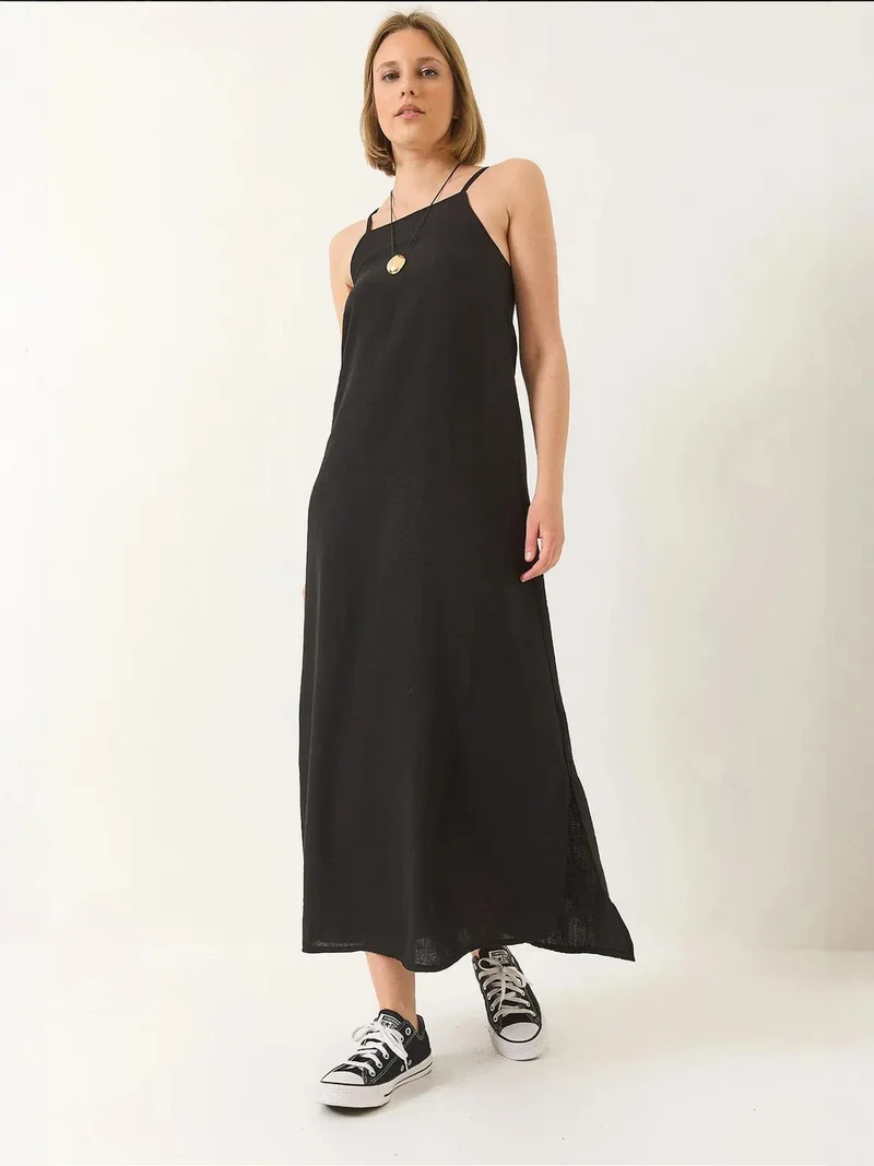 Bianco Lucci Black Thin Strap Maxi Dress with Side Slit for Women | Best Price UAE