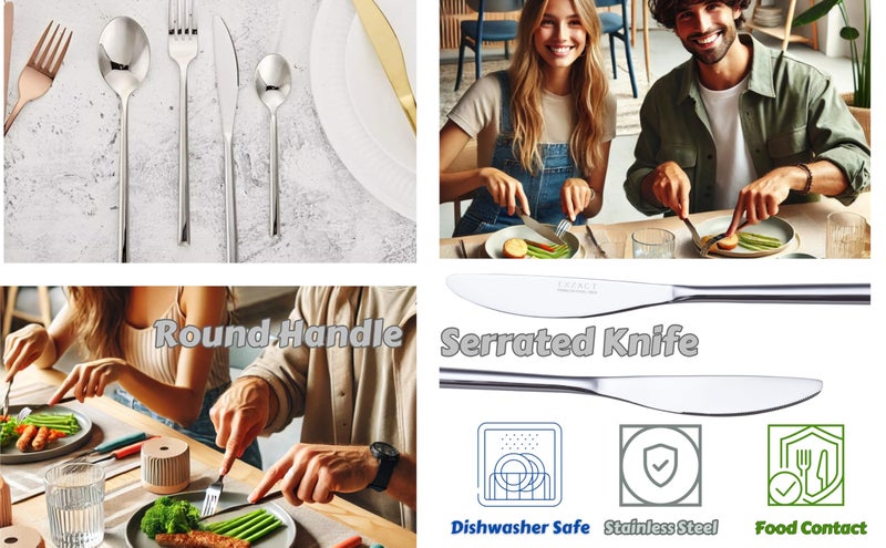 EXZACT Flatware Set 24-Piece, Silverware Hand-Forged Stainless Steel, Service for 6 Includes 6 Dinner Forks, 6 Knives, 6 Tablespoons, 6 Teaspoons – Mirror Polished, Dishwasher Safe - Image 4