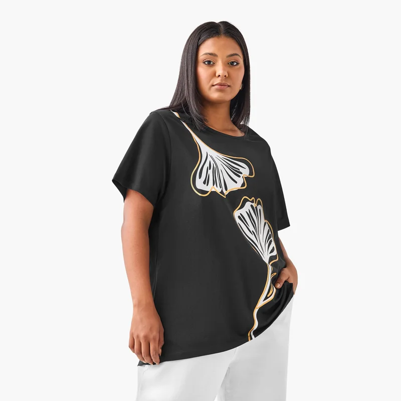 Ulla Popken Plus Size Ulla Popken Leaf Print T-shirt