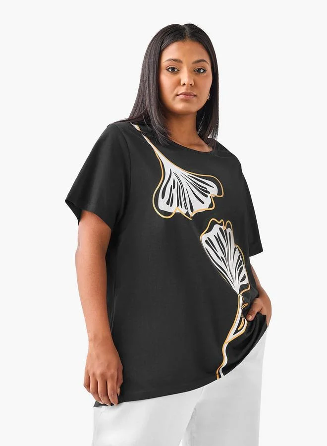 Ulla Popken Plus Size Ulla Popken Leaf Print T-shirt