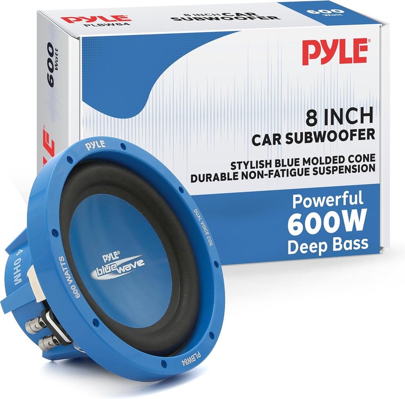 Pyle Car Vehicle Subwoofer Audio Speaker - 8 Inch Blue Injection Molded Cone, Blue Chrome-Plated Steel Basket, Dual Voice Coil 4 Ohm Impedance, 600 Watt Power, for Vehicle Stereo Sound System - PLBW84 - Image 1