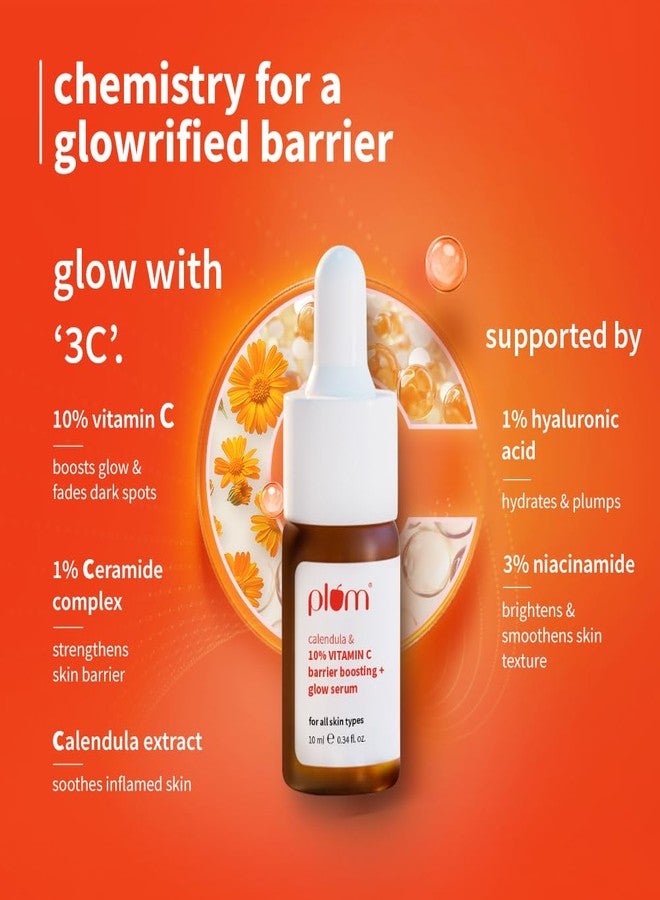 Plum 10% Vitamin C & Calendula Barrier Boosting + Glow Serum 10 ml | With 3% Niacinamide, 1% Hyaluronic acid & 1% Creamide complex| Clinically proven to reduce pigmentation & dark spots in 14 days| Boosts glow from 1st use | Men & Women | For all skin types - Image 2