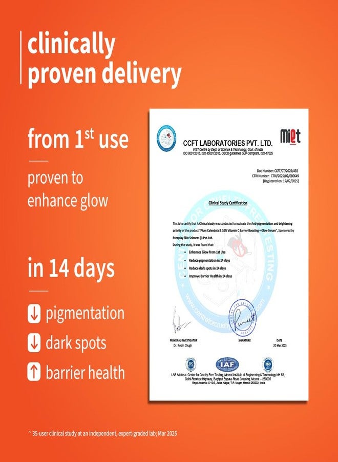 Plum 10% Vitamin C & Calendula Barrier Boosting + Glow Serum 10 ml | With 3% Niacinamide, 1% Hyaluronic acid & 1% Creamide complex| Clinically proven to reduce pigmentation & dark spots in 14 days| Boosts glow from 1st use | Men & Women | For all skin types - Image 5