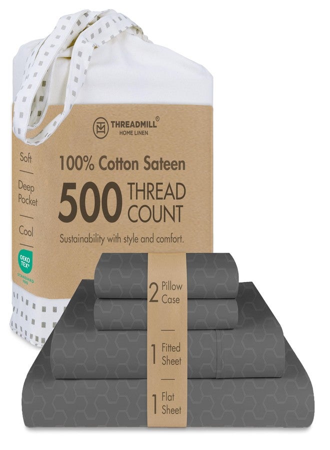 Threadmill 500 Thread Count Full Size 4 Pc Luxury Cotton Sheet Set, Jacquard Floria Dark Grey, Silky Smooth Sheets with 16" Elasticized Deep Pocket, 2 Pillowcases & Free Tote Bag - Image 1