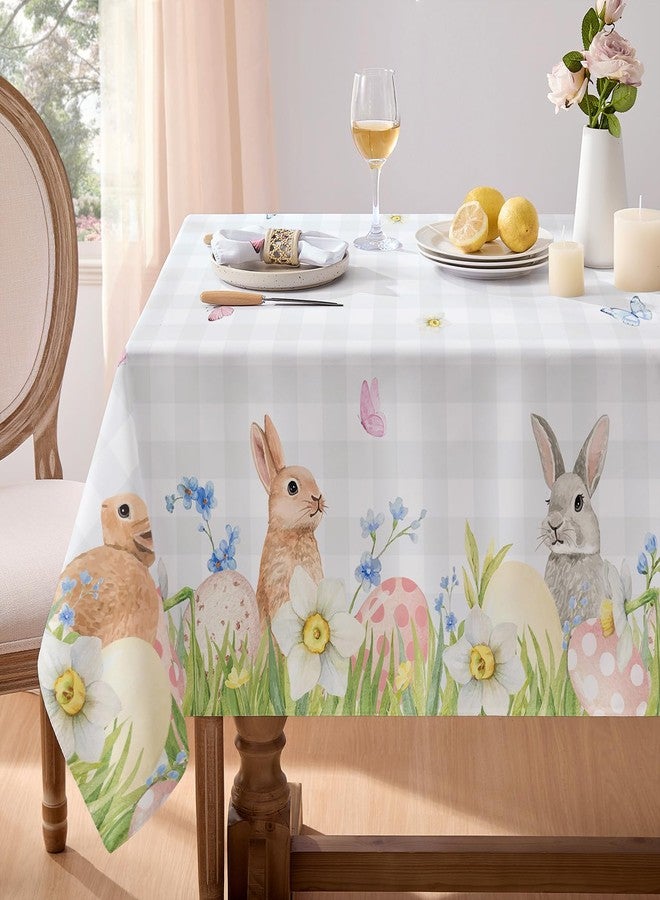 Softalker Spring Easter Tablecloth Rectangle - Bunny & Eggs Buffalo Plaid Flower Table Cloths, Stain Resistant Wrinkle Free Table Covers for Dinner/Party/Picnic/Outdoor, Grey Checkered 60 x 84 Inch - Image 1