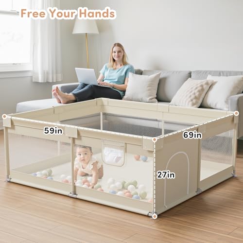 Mloong Large Baby Playpen for Toddler 6959in Babies Play Pen Playard Active Center Beige - Image 3
