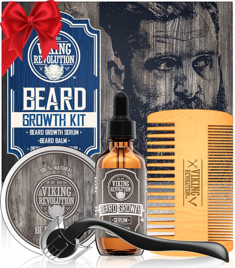 Viking Revolution Beard Growth Kit - Oil, Balm, Serum, Derma Roller & Wooden Comb for Beard & Mustache Growth - Image 1