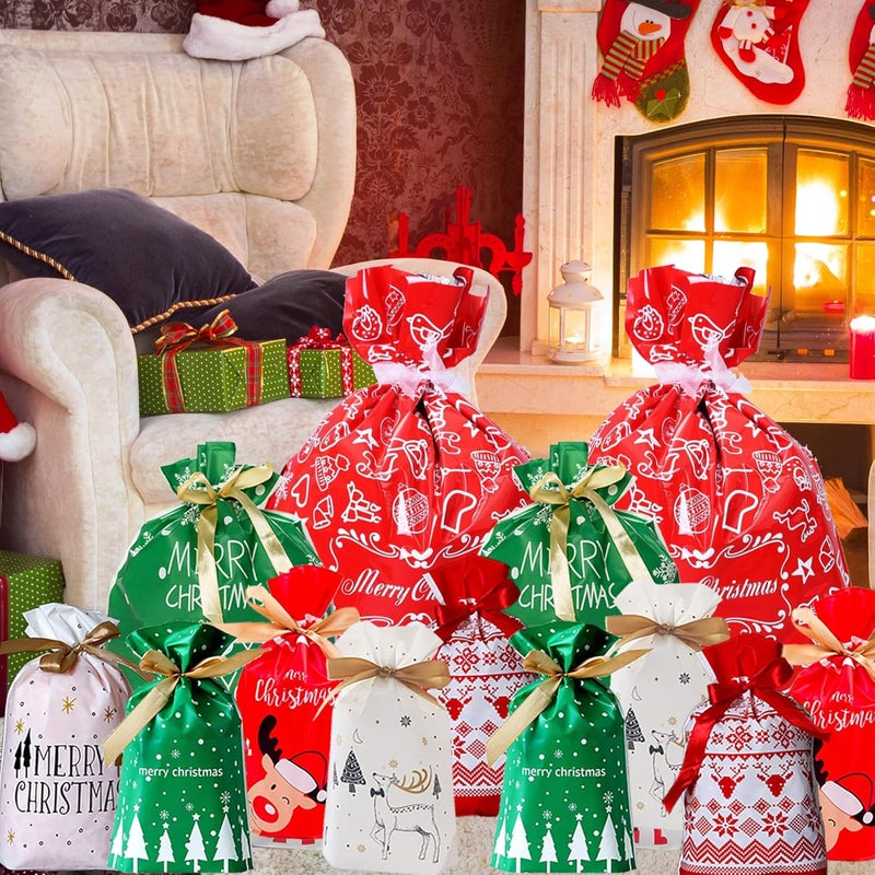 Funnlot Christmas Drawstring Gift Bags 32PCS in 7 Styles Christmas Wrapping Bags Xmas Treats Bags Christma s Party Favor Pouch Goody Sweet Treat Candy Bags with Ribbon Ties - Image 5