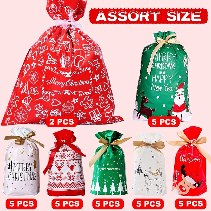 Funnlot Christmas Drawstring Gift Bags 32PCS in 7 Styles Christmas Wrapping Bags Xmas Treats Bags Christma s Party Favor Pouch Goody Sweet Treat Candy Bags with Ribbon Ties - Image 3