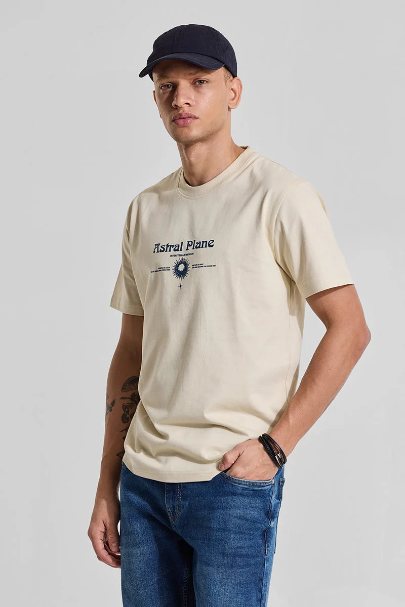 SNITCH Beige Graphic Half Sleeve Regular Fit Casual T-Shirt