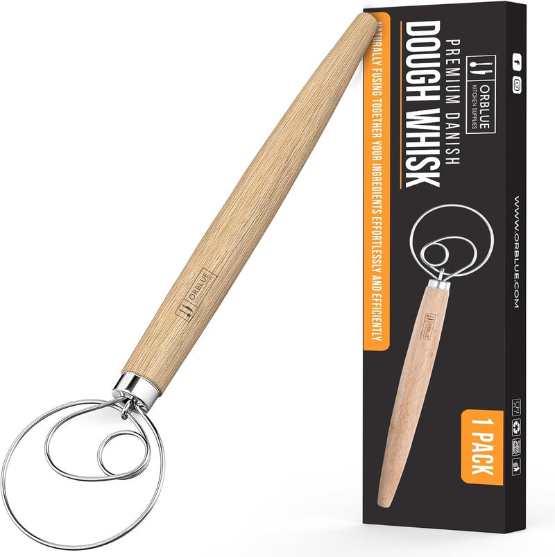 Orblue Premium Danish Dough Whisk - Dutch Whisk with Stainless Steel Ring - Danish Whisk for Bread, Pastry or Pizza Dough, 13-inch 1-PACK - Image 1