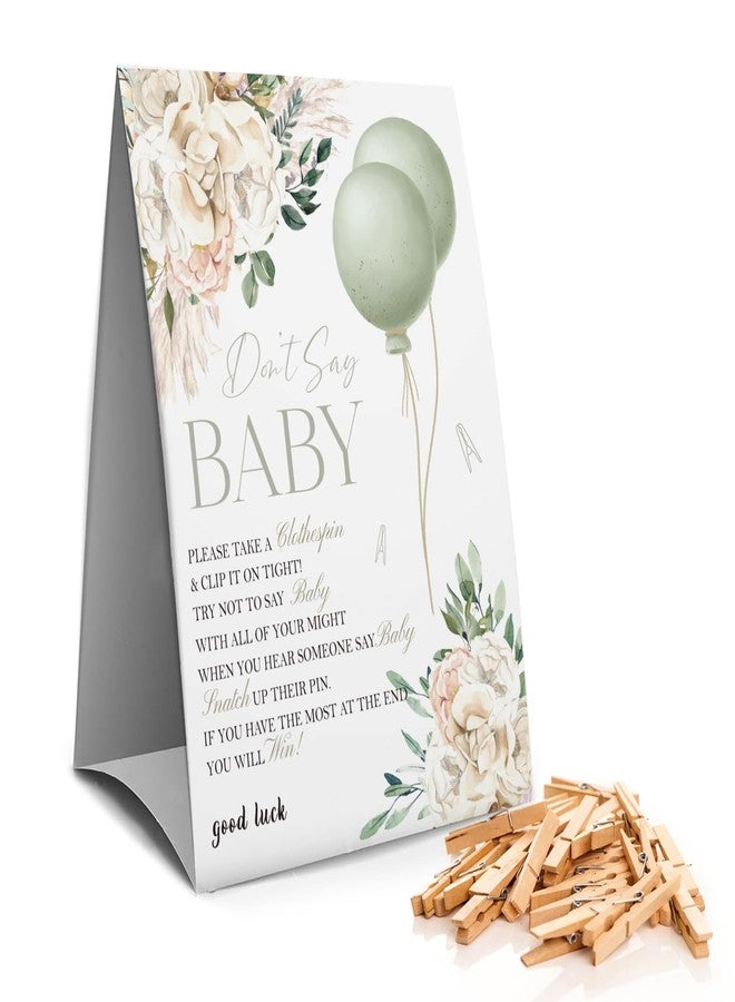 Muruseni Don't Say Baby Clothespin Games Sign(1 Sign + 50 Mini Clothespins), Sage Green Baby Shower Games, Gender Neutral Baby Shower - Image 1