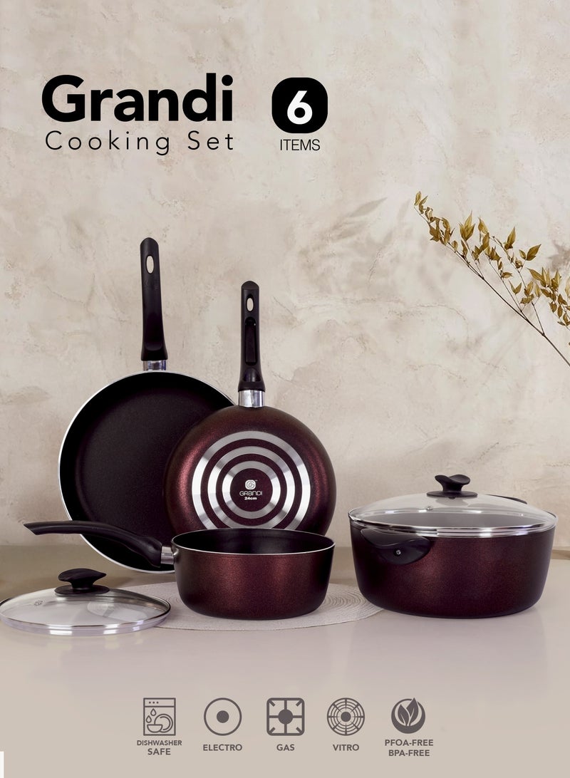 جراندي طقم قدور ومقالي مطلية بالجرانيت بأسطح مانعة للالتصاق ومقابض باكاليت  وأغطية من الزجاج  وخالية من حمض بيرفلورو الأوكتانويك مكون من 6 قطع تيتانيوم 20-26-24-28 لون احمر غامق - Image 1