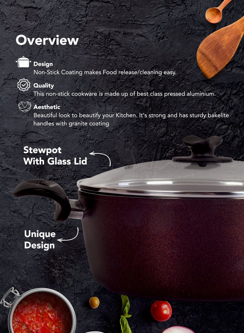 جراندي طقم قدور ومقالي مطلية بالجرانيت بأسطح مانعة للالتصاق ومقابض باكاليت  وأغطية من الزجاج  وخالية من حمض بيرفلورو الأوكتانويك مكون من 6 قطع تيتانيوم 20-26-24-28 لون احمر غامق - Image 3