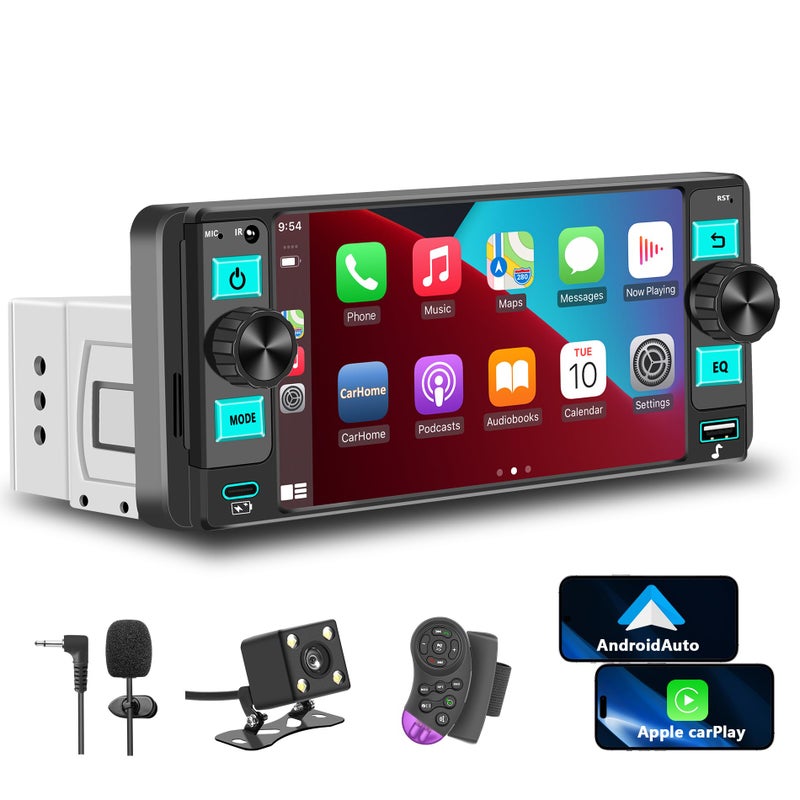 GHIOPMZ راديو سيارة دين واحد مع Apple CarPlay اللاسلكي، راديو شاشة تعمل باللمس دين واحد، راديو سيارة يدعم بلوتوث Android Auto، رابط مرآة، راديو سيارة مع كاميرا خلفية GPS USB FM/AM EQ ميكروفون (أسود) - Image 1