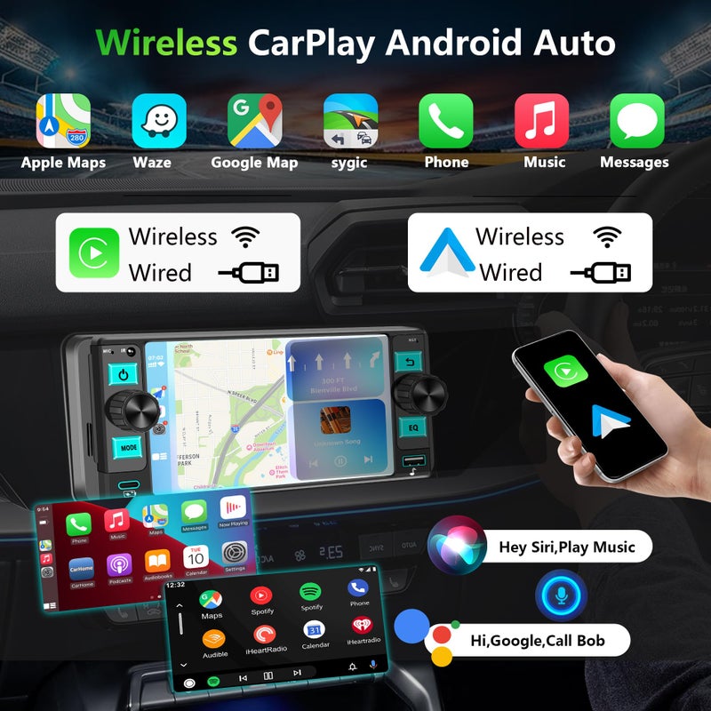 GHIOPMZ راديو سيارة دين واحد مع Apple CarPlay اللاسلكي، راديو شاشة تعمل باللمس دين واحد، راديو سيارة يدعم بلوتوث Android Auto، رابط مرآة، راديو سيارة مع كاميرا خلفية GPS USB FM/AM EQ ميكروفون (أسود) - Image 4
