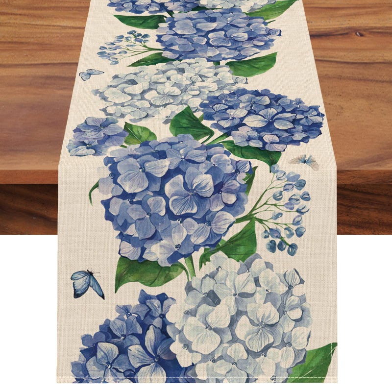 Seliem Spring Hydrangea Floral Flowers Table Runner Blue Butterfly Kitchen Dining Table Decor Seasonal Summer Burlap Home Decoration Indoor Outdoor Party Supply 13 x 72 Inches