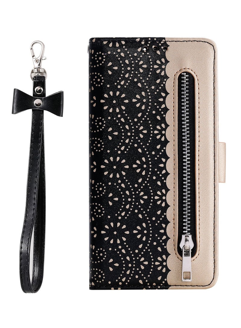 Suteni Lace Zipped Flip Cover Card Slots Leather Phone Case for Samsung - Image 1