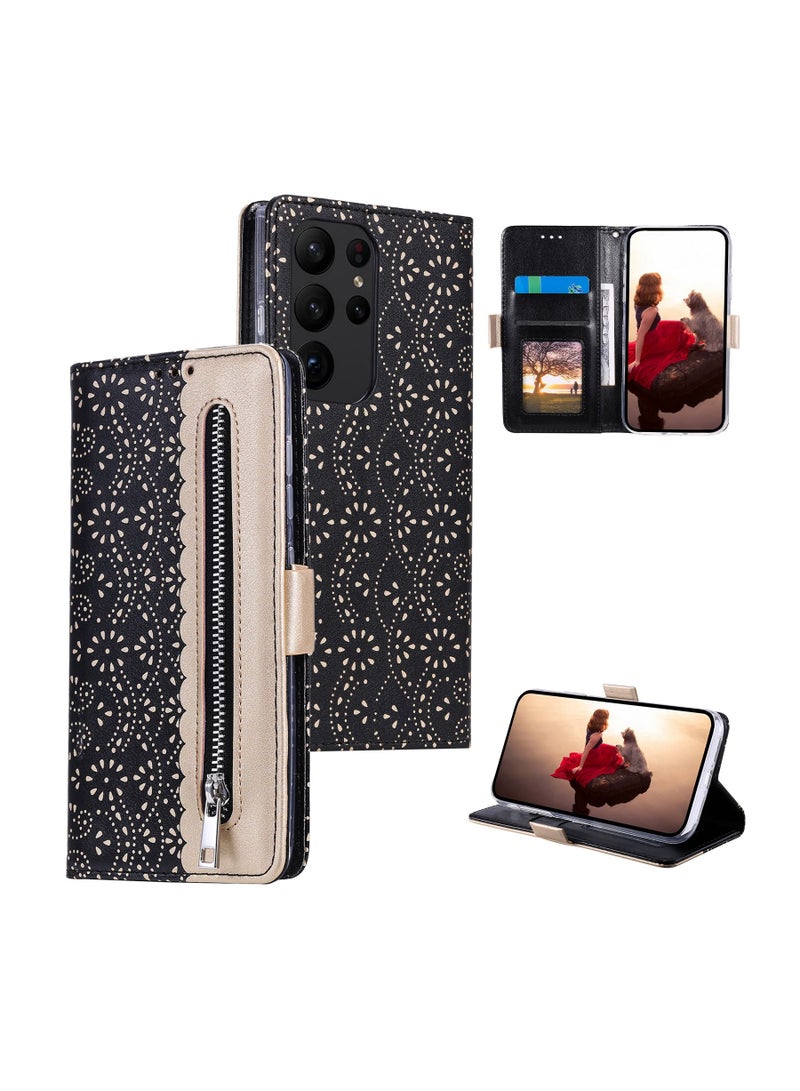 Suteni Lace Zipped Flip Cover Card Slots Leather Phone Case for Samsung - Image 3