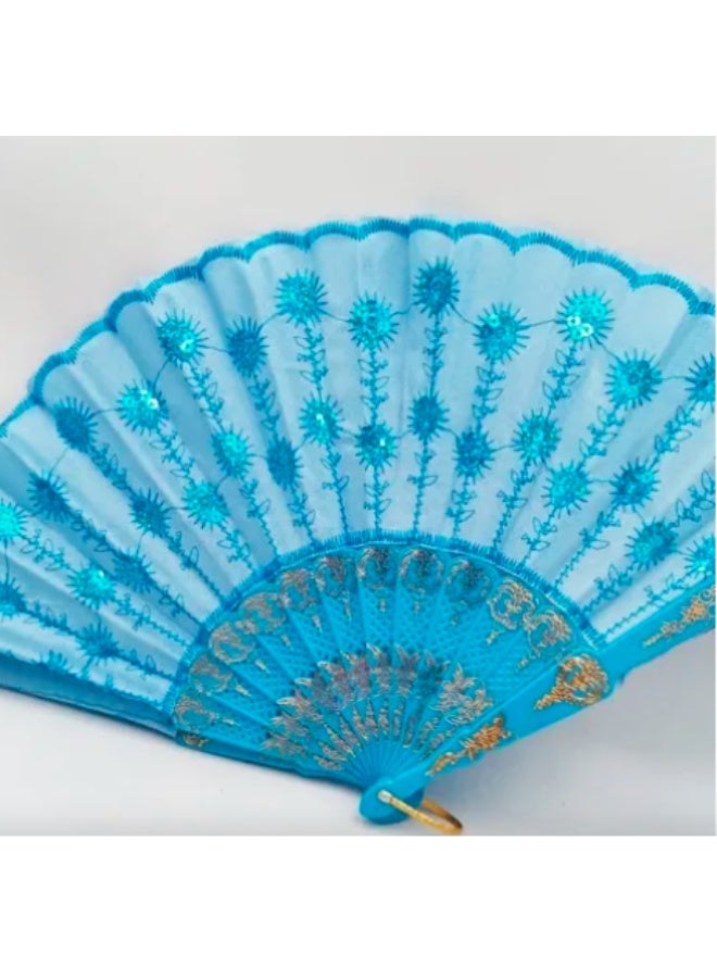 Glitter Decorated Folding Hand Fan – Handheld Fan for Parties, Weddings, and Decoration (Sky Blue)  - Image 2