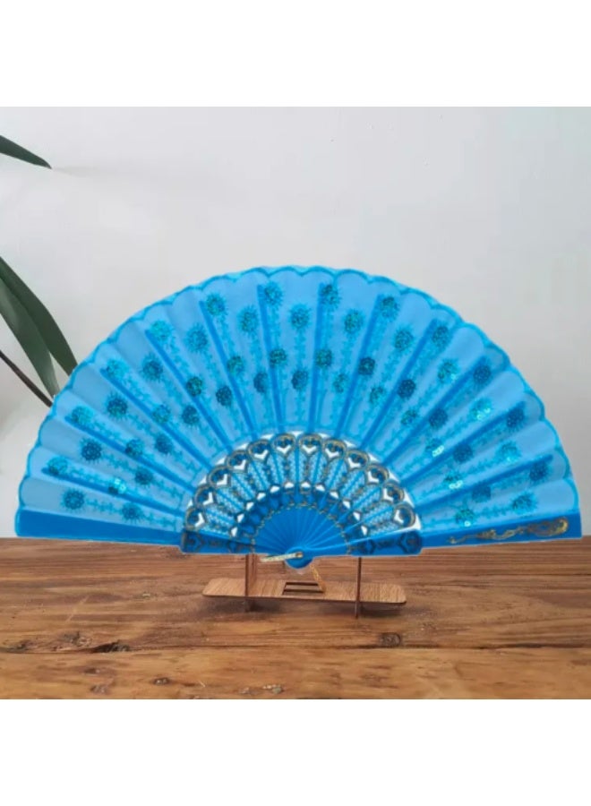 Glitter Decorated Folding Hand Fan – Handheld Fan for Parties, Weddings, and Decoration (Sky Blue)  - Image 1