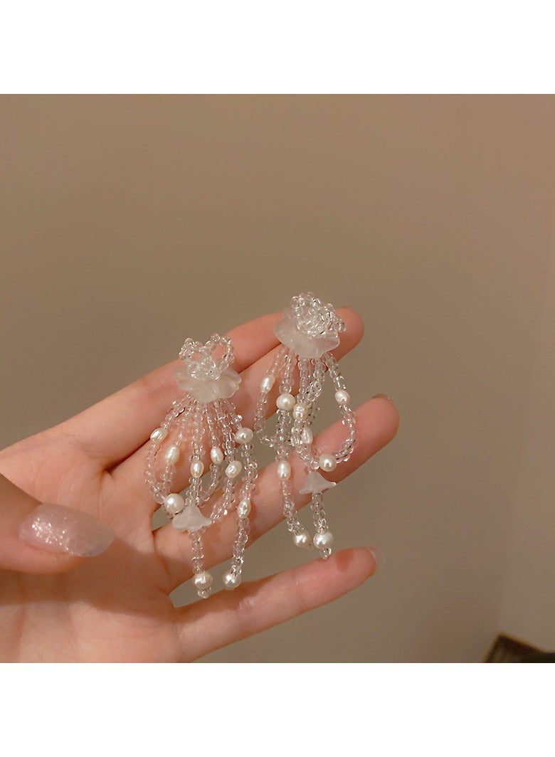 Flower Earrings With Pearls In Clear Colour 