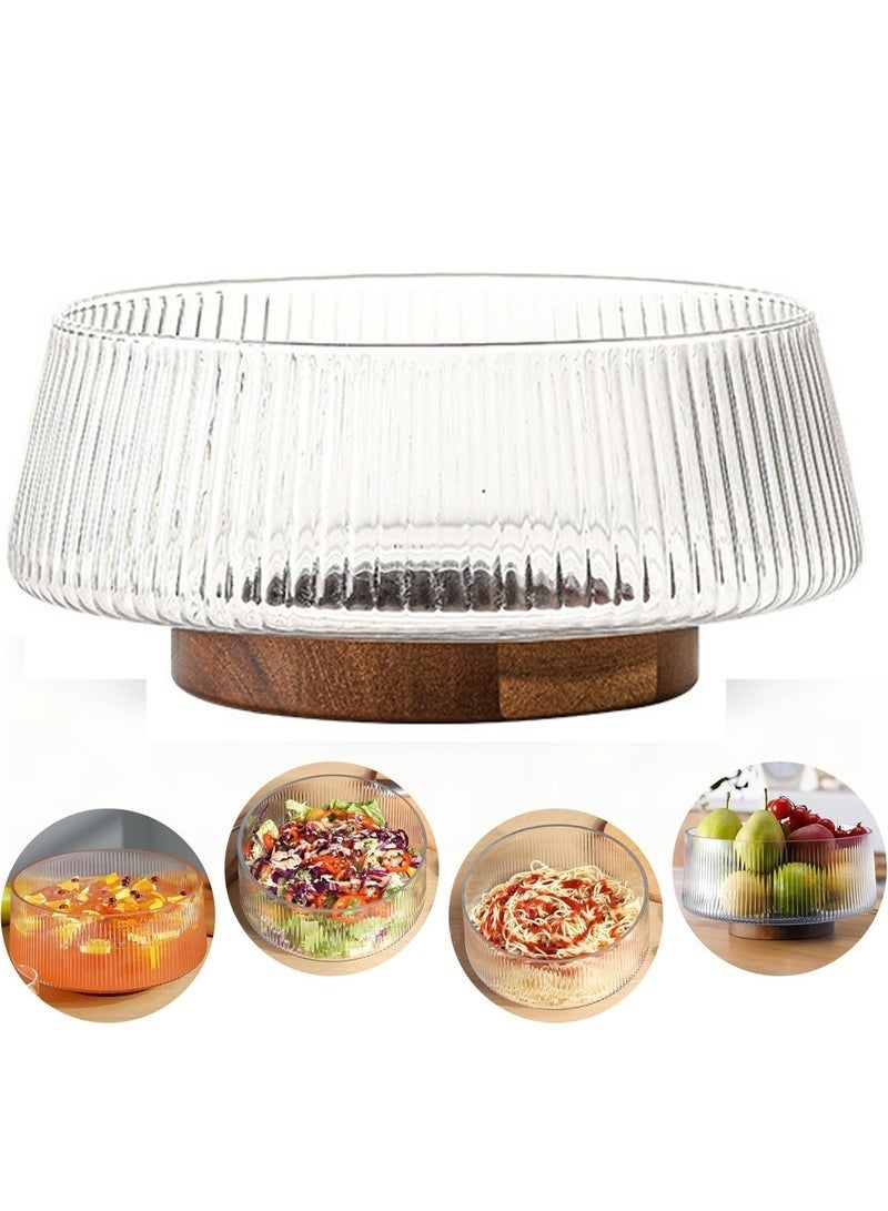 Arabest Extra Large Glass Salad Bowl with Natural Acacia Wood Base, Ribbed Design Oversized Capacity for Family Dinners, Parties & Gatherings, Multipurpose for Serving Salads, Fruits - Image 1