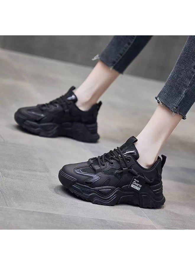 حذاء رياضي نسائي سميك، حذاء بشبكة قابلة للتنفس ونعل سميك، حذاء رياضي خفيف الوزن ومضاد للانزلاق مع رباط، حذاء رياضي مريح للركض والمشي، ملابس شبابية وملابس يومية، أسود