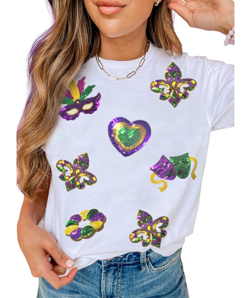 SELINK Womens Summer Short Sleeve Tops Sequin Maid Gras Printed T Shirts Casual Basic Graphic Tees White Mardi Gras-L - Image 1