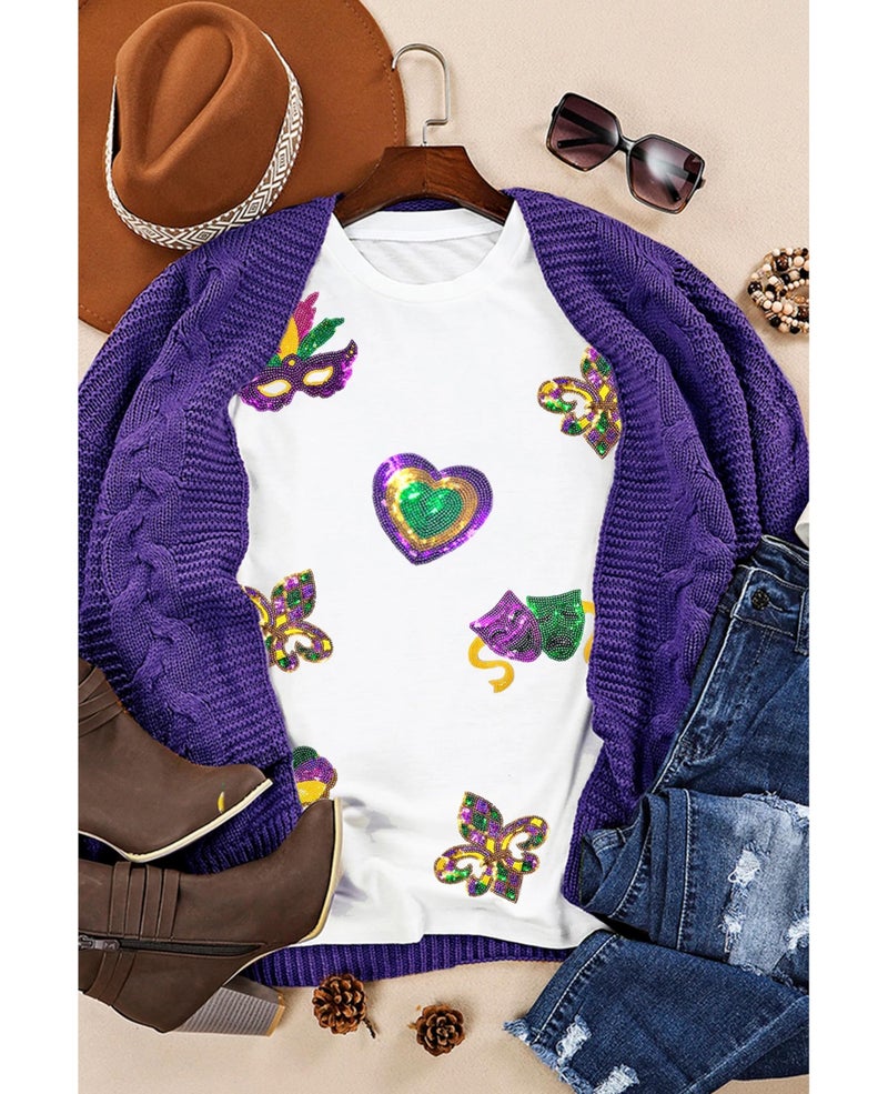 SELINK Womens Summer Short Sleeve Tops Sequin Maid Gras Printed T Shirts Casual Basic Graphic Tees White Mardi Gras-L - Image 3