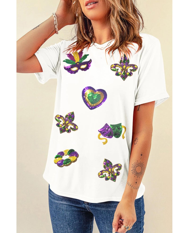 SELINK Womens Summer Short Sleeve Tops Sequin Maid Gras Printed T Shirts Casual Basic Graphic Tees White Mardi Gras-L - Image 4