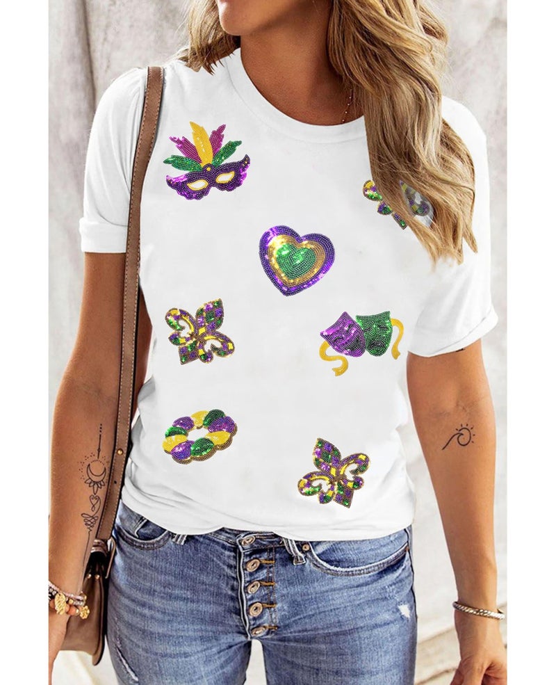 SELINK Womens Summer Short Sleeve Tops Sequin Maid Gras Printed T Shirts Casual Basic Graphic Tees White Mardi Gras-L - Image 2