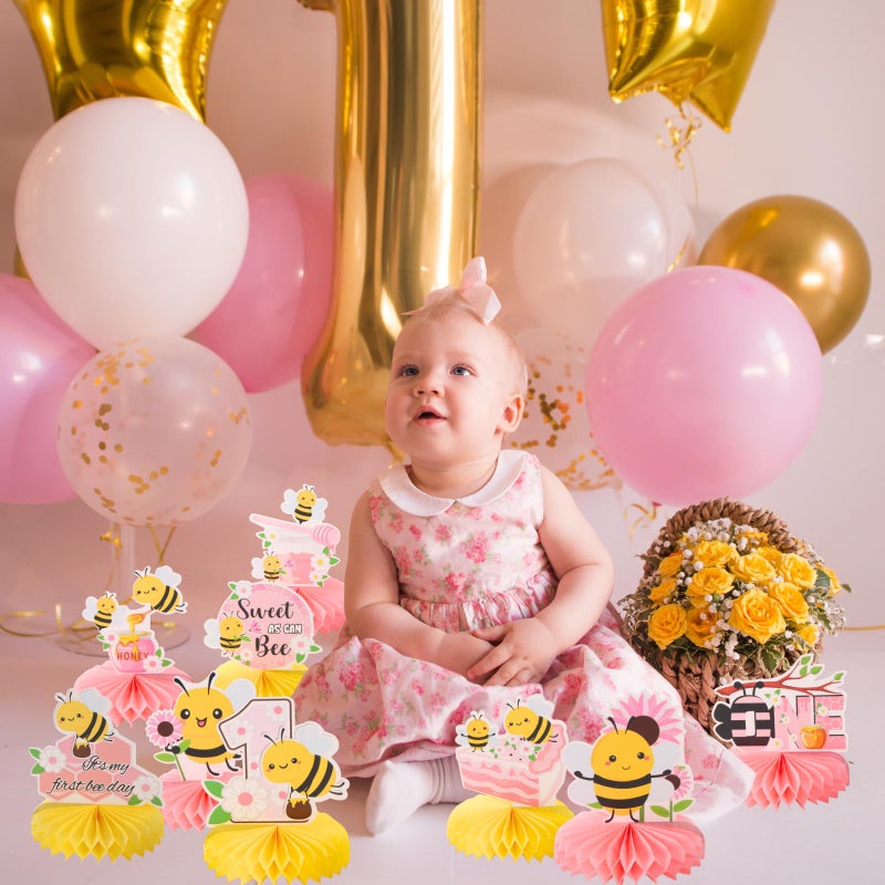 RANERVZ 9pcs Happy 1st Bee Day Honeycomb Centerpieces Bumble Bee First Birthday Party Table Decorations Pink It's My 1st Bee Day Table Centerpiece for Girl Baby Shower Sweet as can Bee Table Topper Sign Decor - Image 4