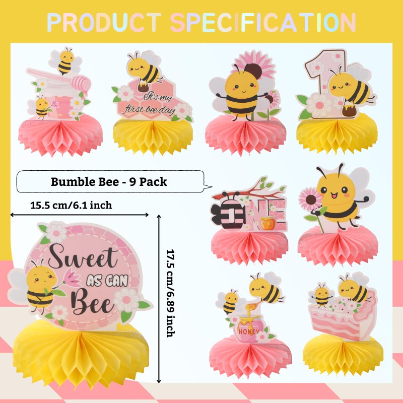 RANERVZ 9pcs Happy 1st Bee Day Honeycomb Centerpieces Bumble Bee First Birthday Party Table Decorations Pink It's My 1st Bee Day Table Centerpiece for Girl Baby Shower Sweet as can Bee Table Topper Sign Decor - Image 2