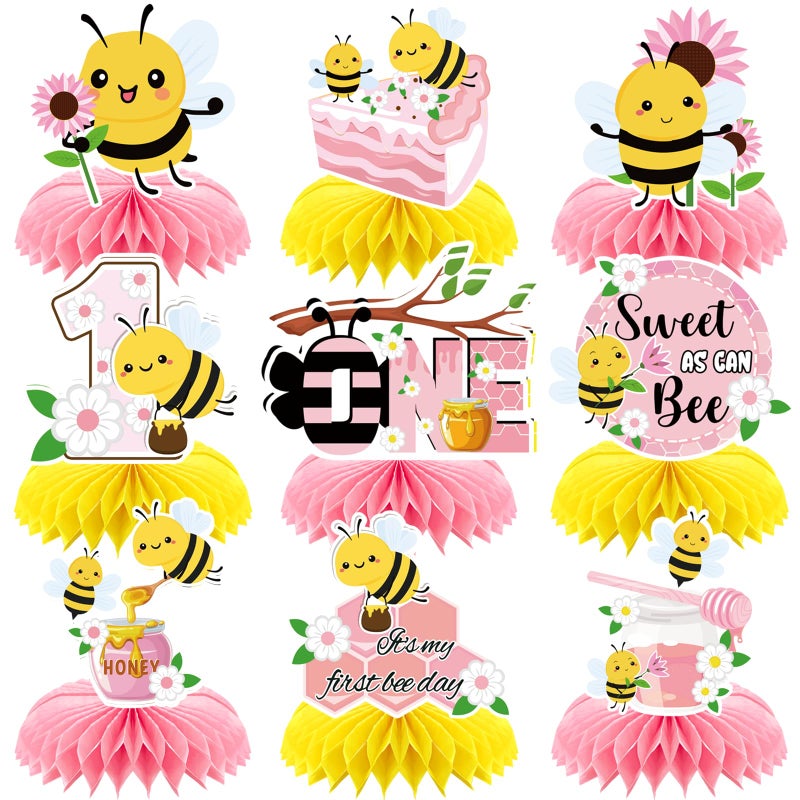 RANERVZ 9pcs Happy 1st Bee Day Honeycomb Centerpieces Bumble Bee First Birthday Party Table Decorations Pink It's My 1st Bee Day Table Centerpiece for Girl Baby Shower Sweet as can Bee Table Topper Sign Decor - Image 1