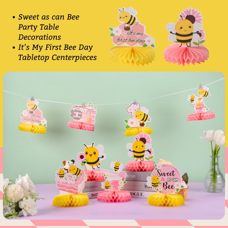 RANERVZ 9pcs Happy 1st Bee Day Honeycomb Centerpieces Bumble Bee First Birthday Party Table Decorations Pink It's My 1st Bee Day Table Centerpiece for Girl Baby Shower Sweet as can Bee Table Topper Sign Decor - Image 5